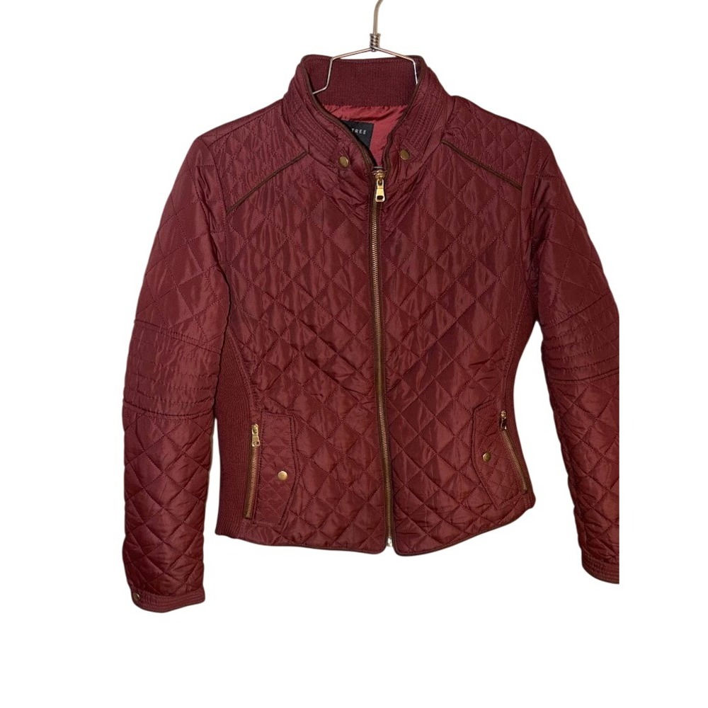 Love Tree Burgundy Quilted Puffer Jacket Women Medium Mock Neck Gold Zip Wine